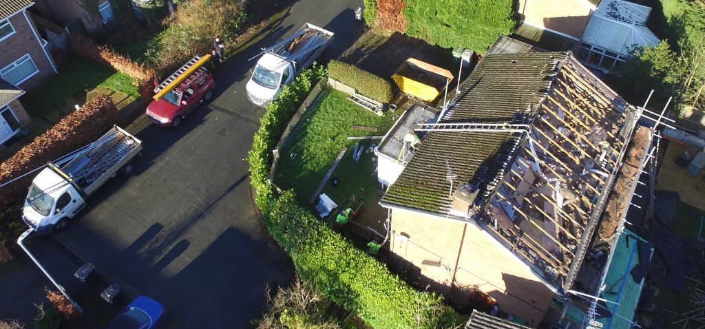 drone view of a roof repair job