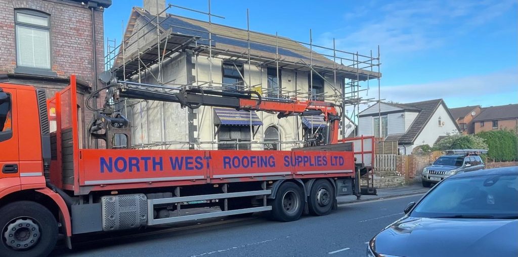 installing a new roof with scaffolding